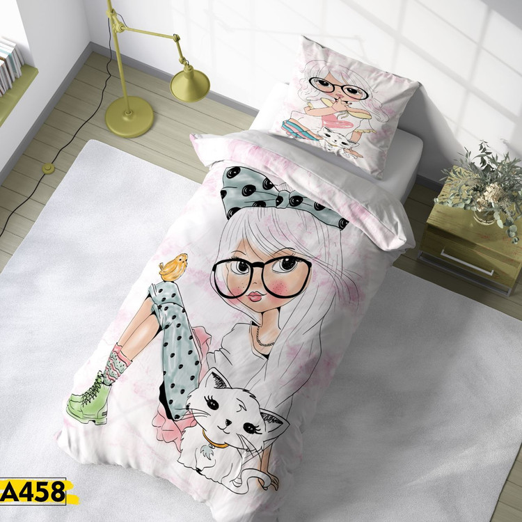 روتختی یک نفره کودک و نوجوان جنس میکروتنسل چاپی طرح دختر عینکی