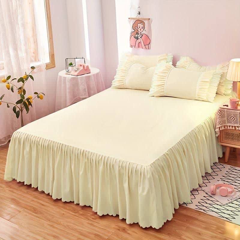 سرویس ملحفه کشدوزی شده (نیم ست) چین دار رنگ کرم